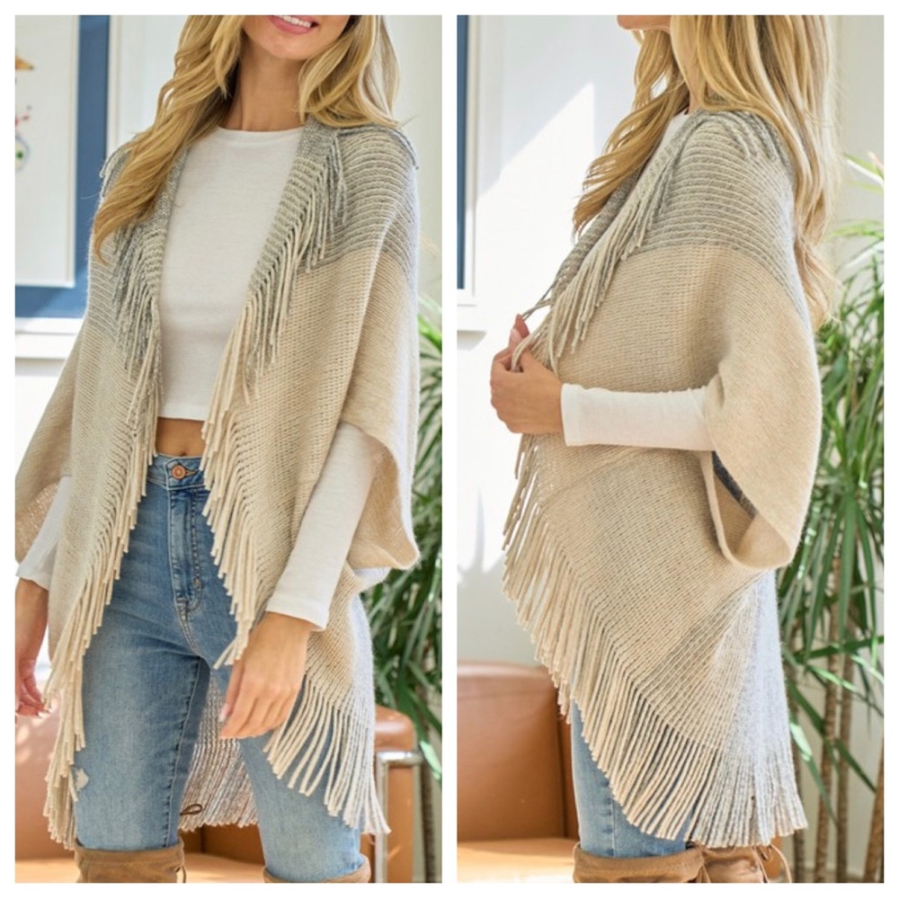 ✨RESTOCKED✨ Boho Sweater Beige/Grey Color Block Fringe Cardigan